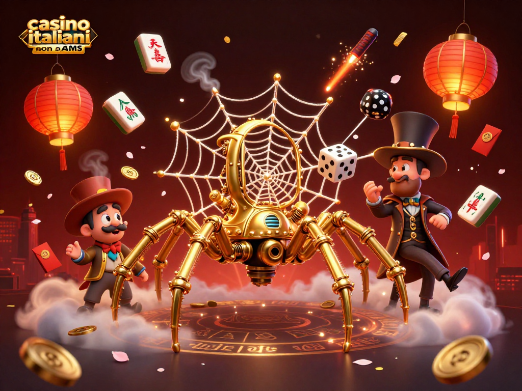 Giocando ai casino italiani non AAMS, l'illustrazione mostra una ragnatela dorata con simboli di gioco e un gentiluomo divertito.