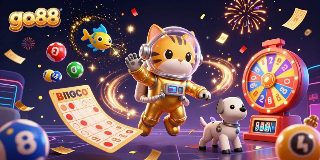 Engage with go88's thrilling games and promotions through a vibrant illustration of a celebrated online casino experience.