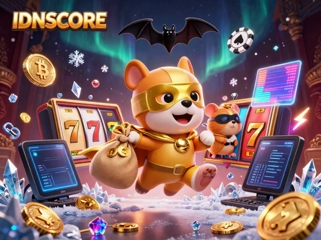 Engage with IDNSCORE's action-packed scene featuring a superhero dog and hamster amidst jackpots and crypto elements.