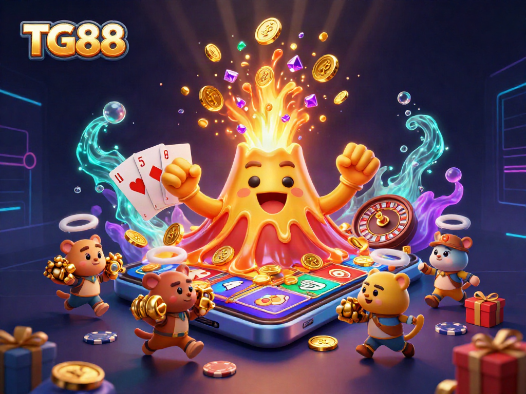 Engage with TG88's thrilling casino experience as a golden volcano erupts coins and treasures, highlighting dynamic gaming elements.