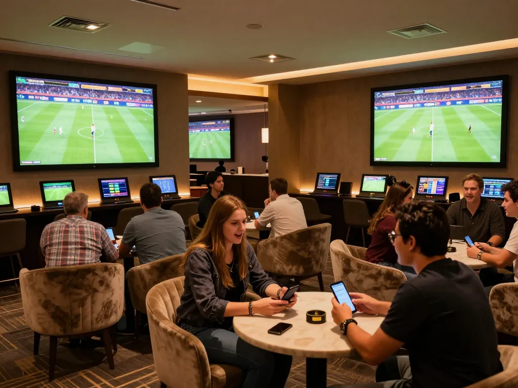 Engaged bettors using devices to place wagers at the tylekeonhacai88 sports betting lounge during live matches.