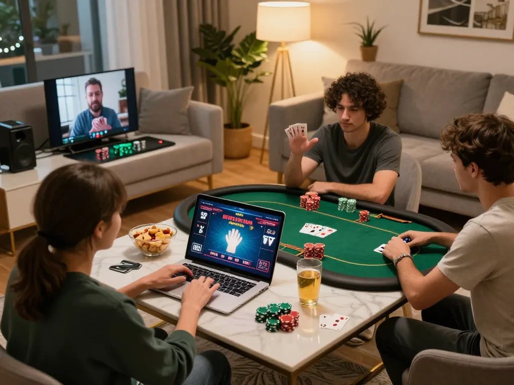 Engaging online poker gameplay for rokok88 slot login with friends in a cozy setting, snacks and drinks around.