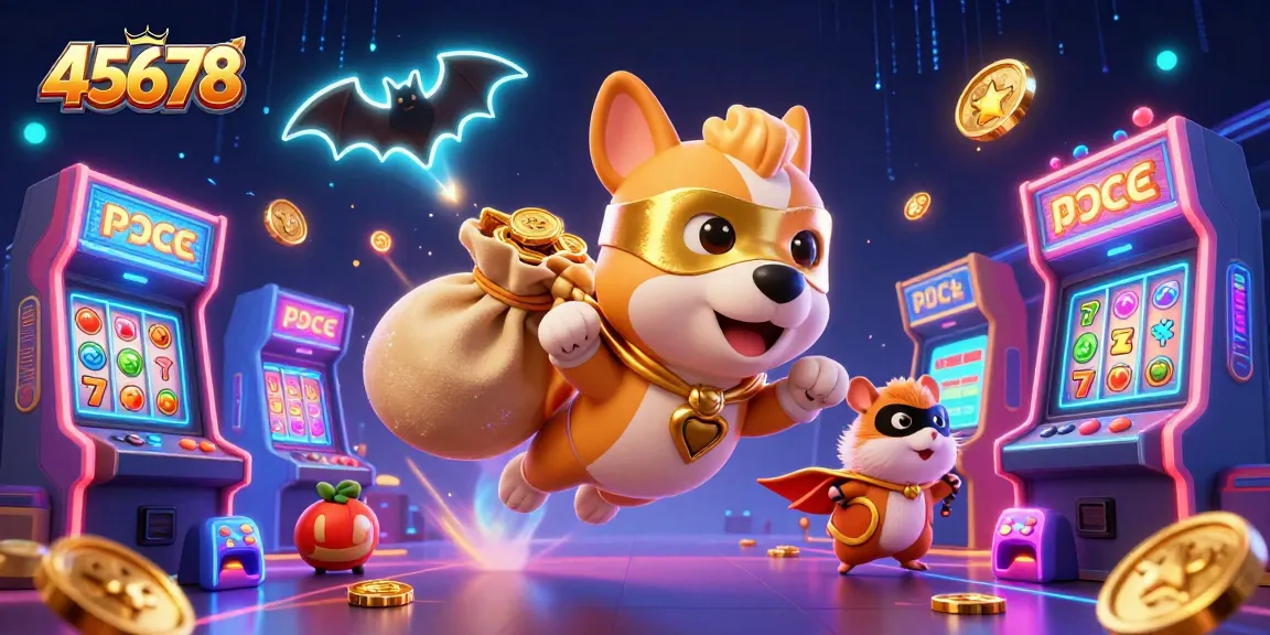 Bet and win at 45678 with colorful casino themes featuring a superhero dog and bright game elements.
