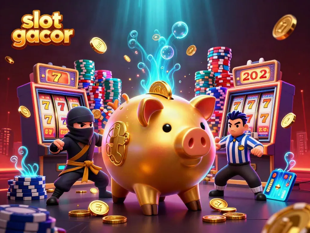 Engage with slot gacor dynamics featuring a vibrant piggy bank sumo wrestler shaking coins amid lively gambling elements.