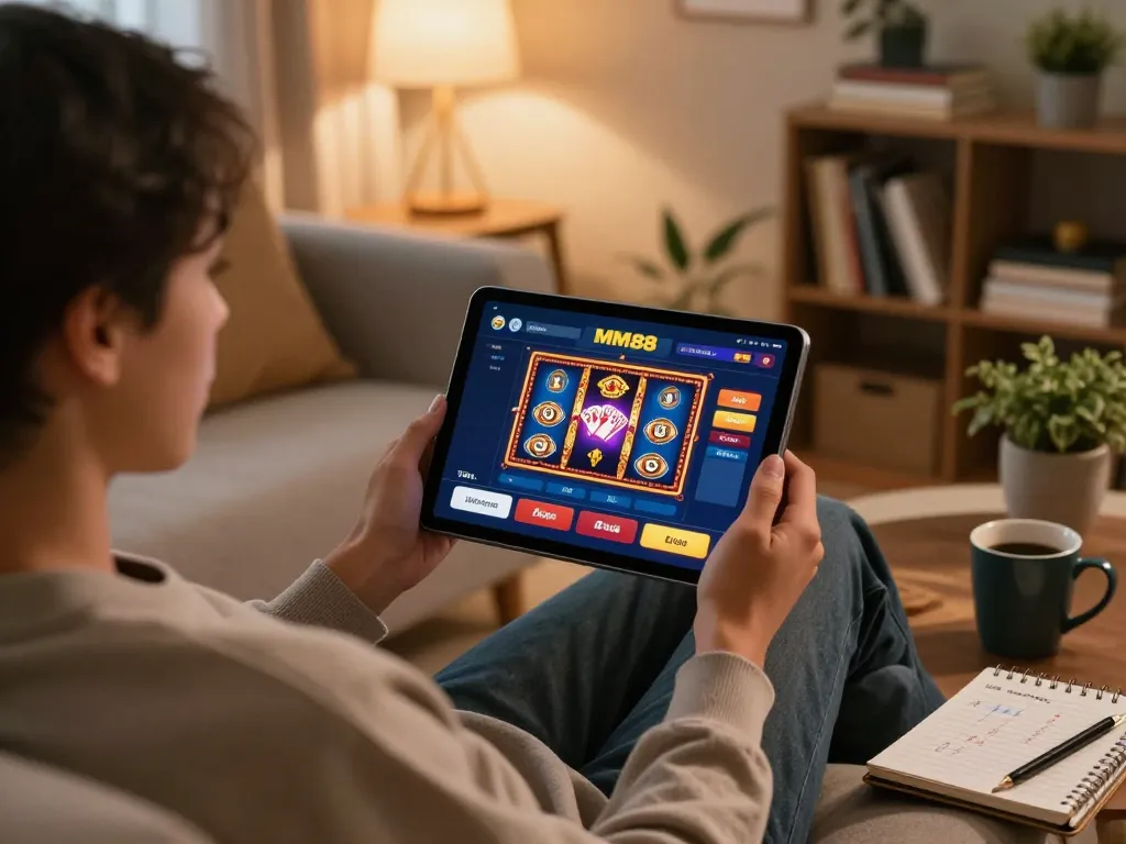 Engaged user exploring Thương hiệu MM88 gaming app on a tablet in a cozy home setting, showcasing a strategic gaming atmosphere.