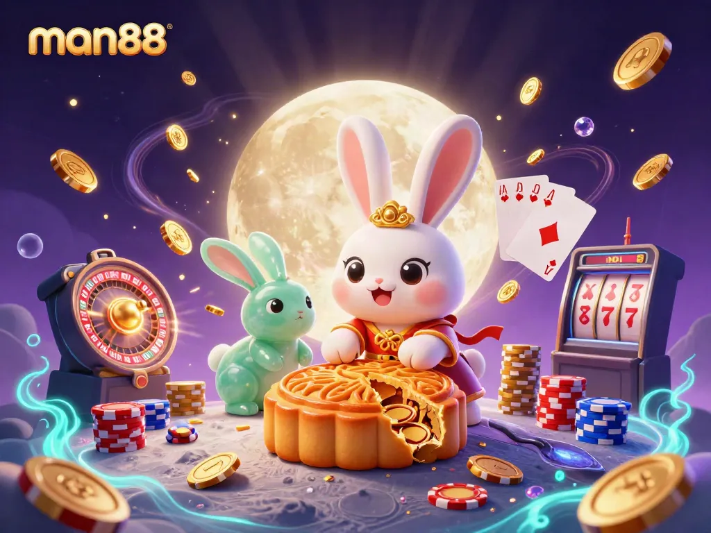 Experience gaming excitement at man88, featuring a moon rabbit cracking mooncakes full of poker chips.