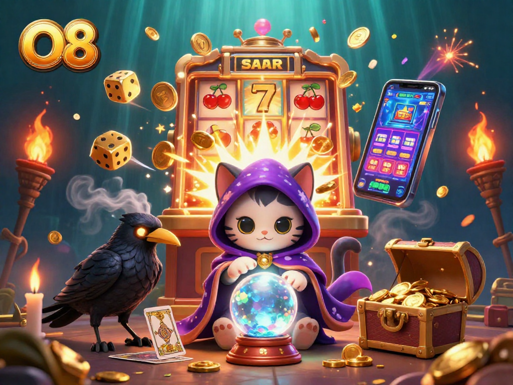 Spin and win in O8 with a vivid casino scene featuring a fortune teller cat and a jackpot explosion.