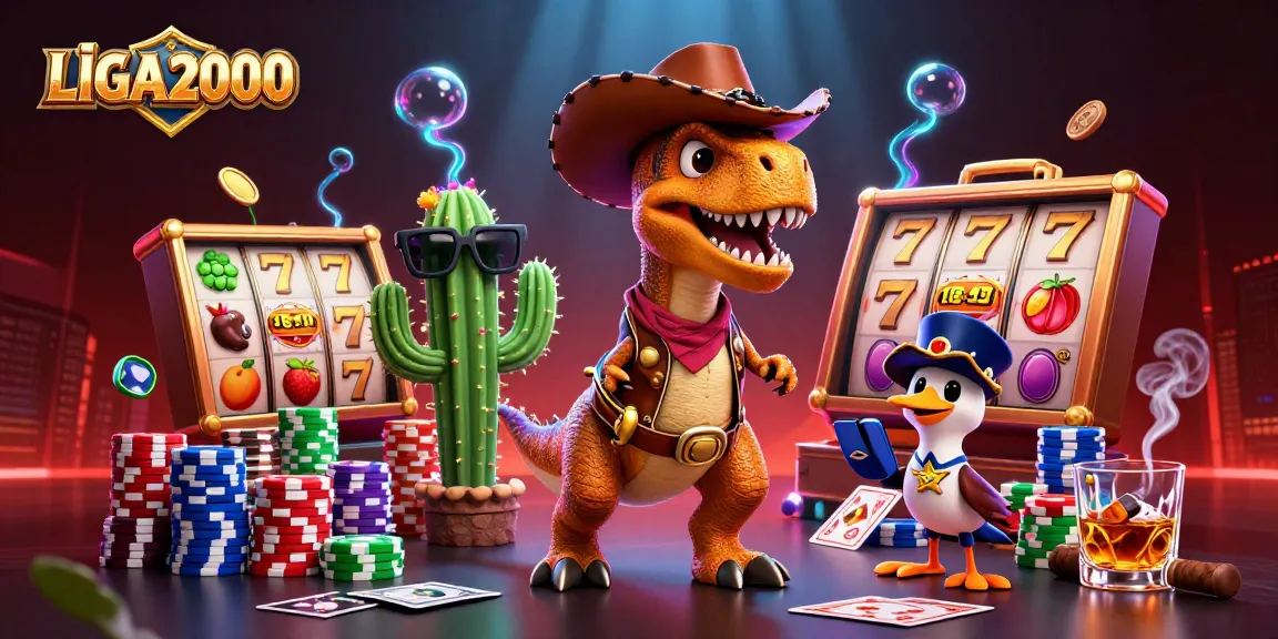 LIGA2000 menampilkan adegan permainan slot dinamis dengan koboi dinosaurus kartun dan elemen kasino yang cerah