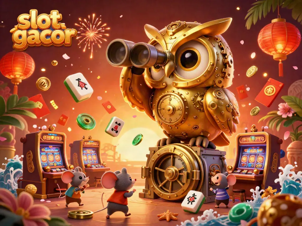 Experience thrilling action in a vibrant casino with "slot gacor" theme featuring a golden owl and playful mice.