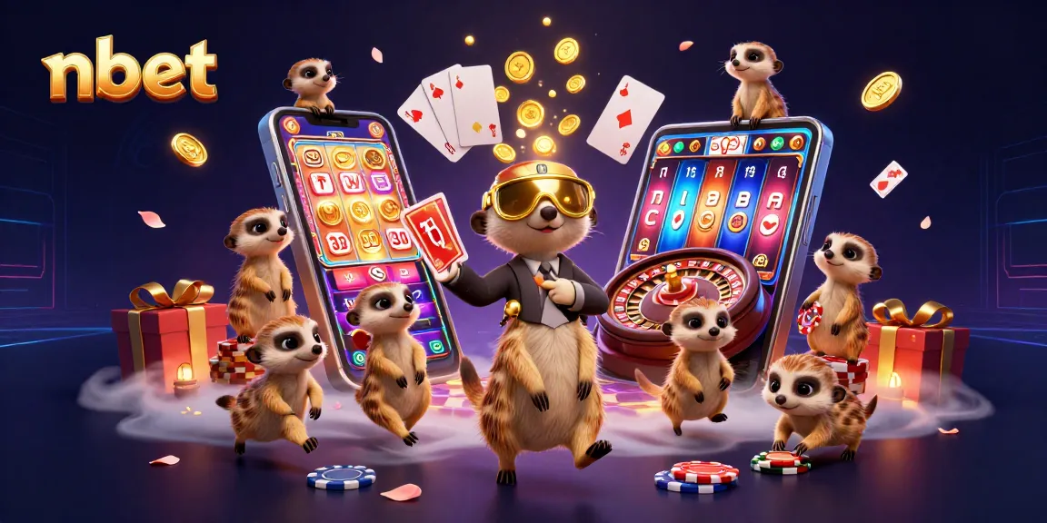 Engage with the nbet casino adventure featuring meerkats in a vibrant, bustling gaming scene.