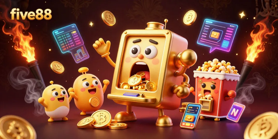 Five88's golden slot machine hits a jackpot, showering coins, a lively casino illustration.