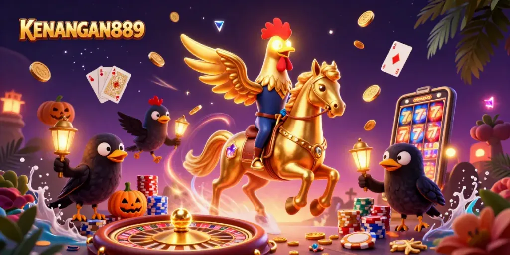 ENGAGE with KENANGAN889 in a vibrant casino scene filled with golden treasures and magical characters.