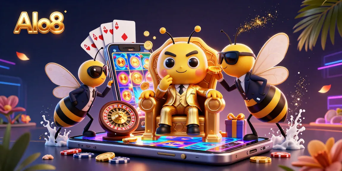 Alo8 presents a vibrant and engaging casino scene featuring a bumblebee mob boss and his intriguing entourage amidst exciting gaming elements.