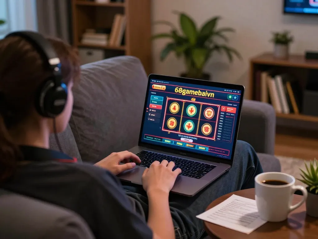 Engaging in online slots at 68gamebaivn, cozy home gaming setup with laptop and betting notes.