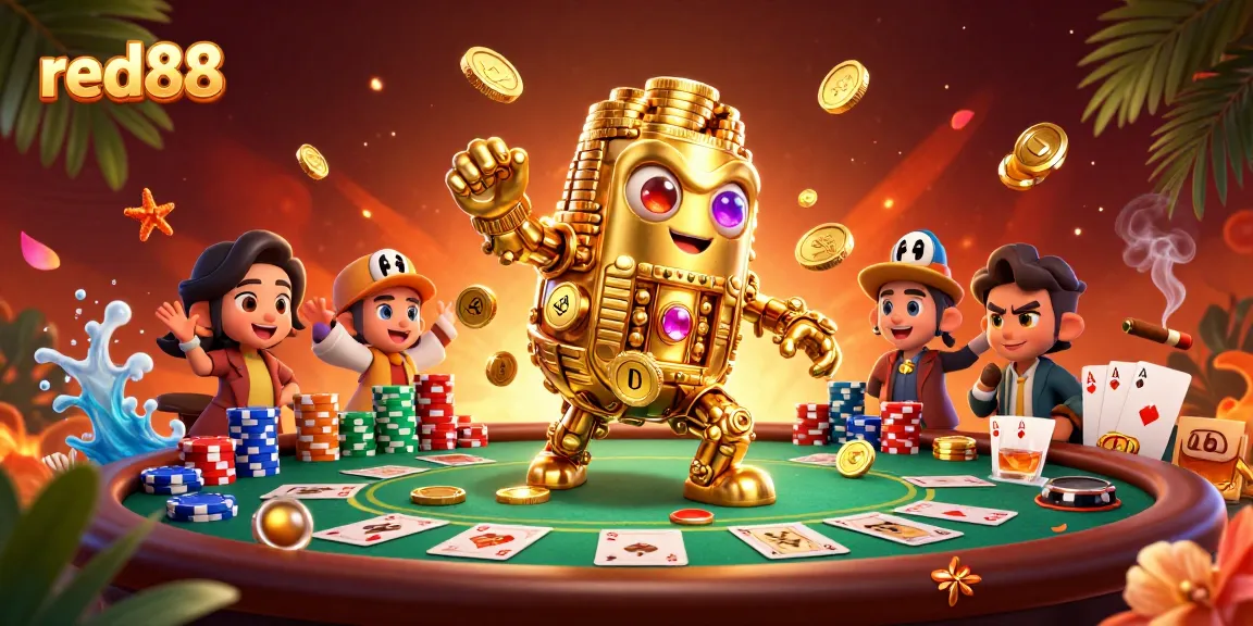 Engage with red88's thrilling poker action featuring a golden golem and rich casino elements.