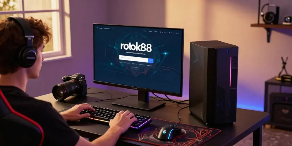 rokok88 login interface on a gaming computer setup with vibrant accessories and ambient lighting