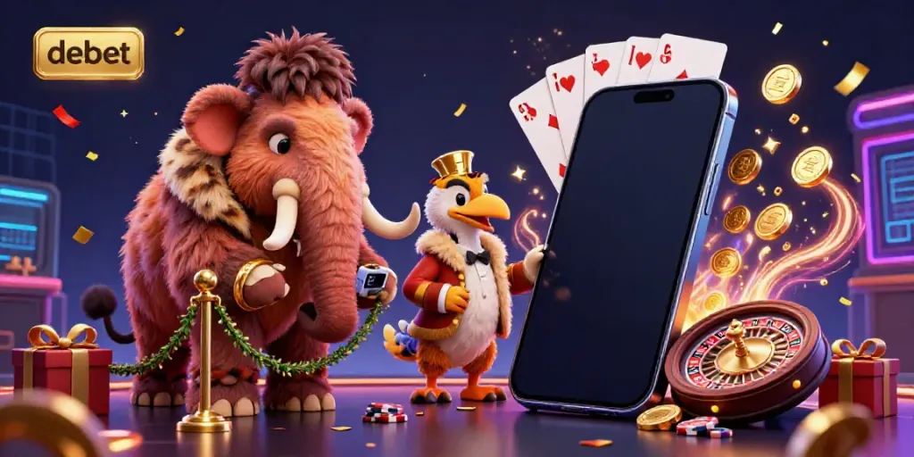 Experience excitement at debet with a cartoon mammoth bouncer and VIP tiger guest at a vibrant casino entrance.