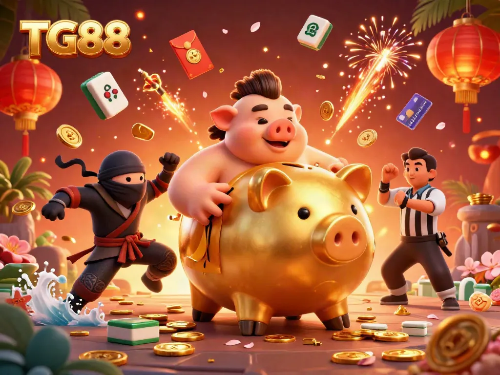 Experience TG88 like never before with lively characters amidst rich casino elements in this vibrant illustration.