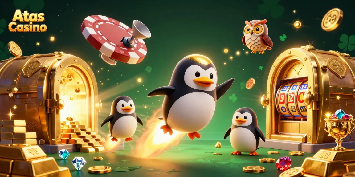 Experience the exciting Atas Casino with vibrant gambling illustrations featuring a golden penguin and treasure