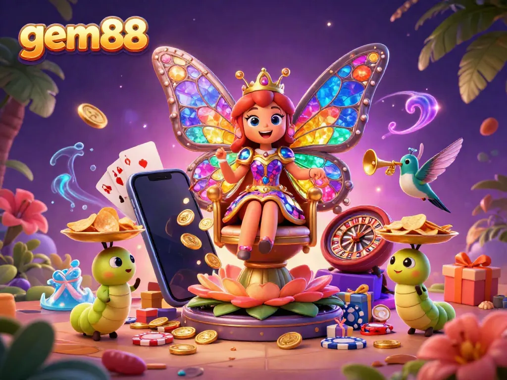 Experience exciting gameplay with gem88's vibrant casino illustration featuring a butterfly queen and dynamic game elements.