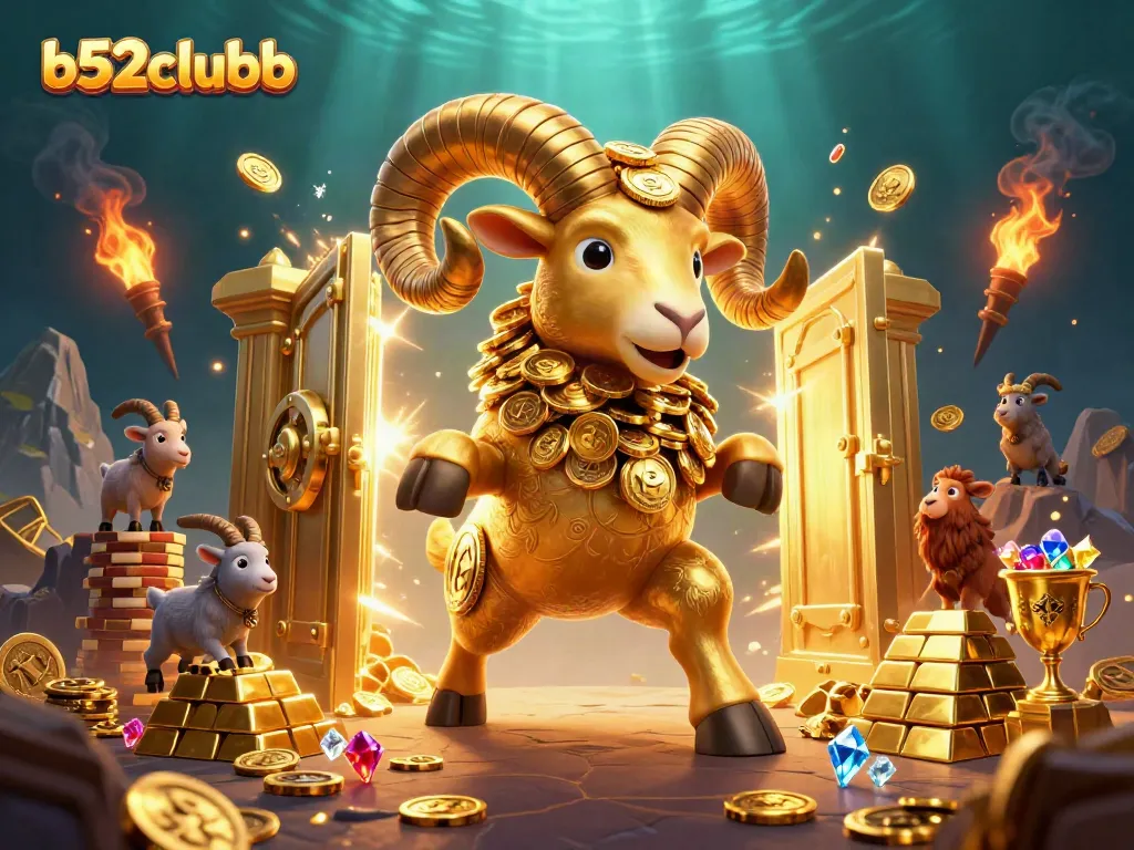 b52clubb celebrates vibrant gaming with a golden ram charging through treasure and jackpots.