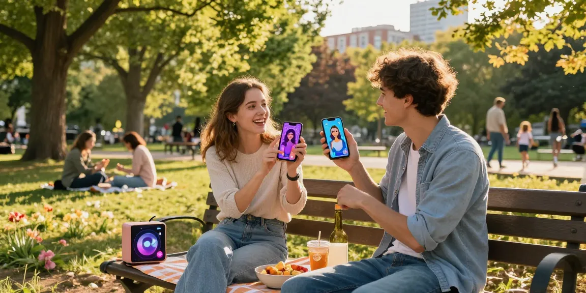 Couple interacting with their ai gf in a lively park setting, showcasing modern tech in a joyful moment.