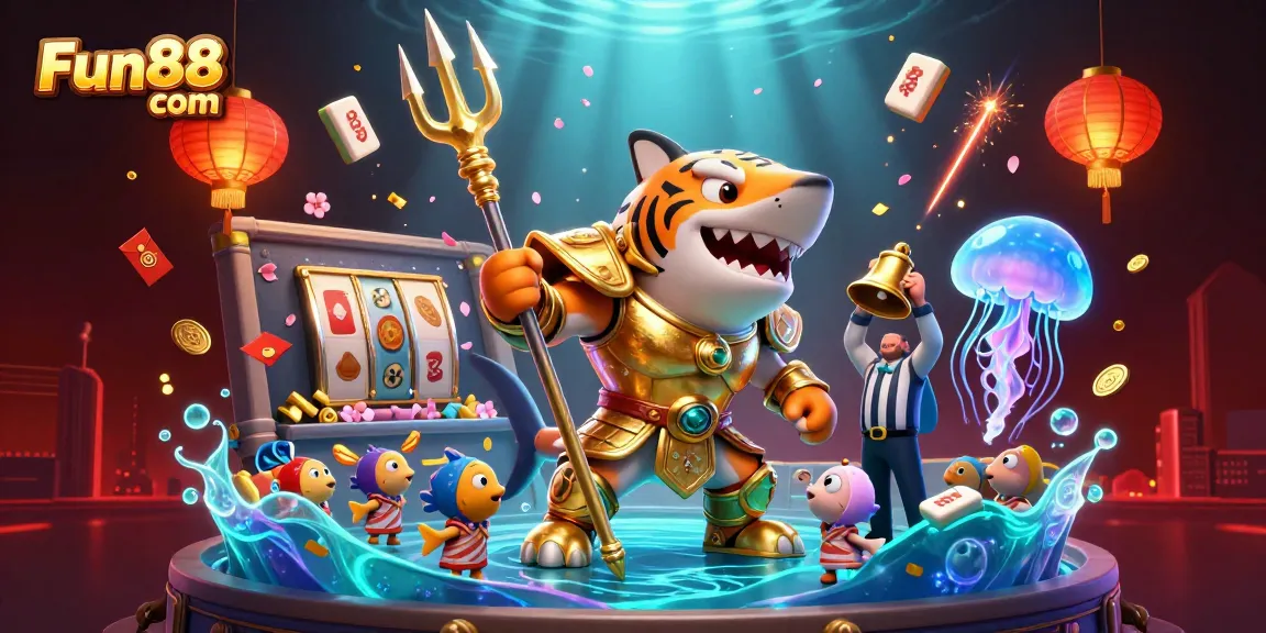 Win big at Fun88 com with an exciting 3D casino scene featuring a tiger shark and celebratory details.