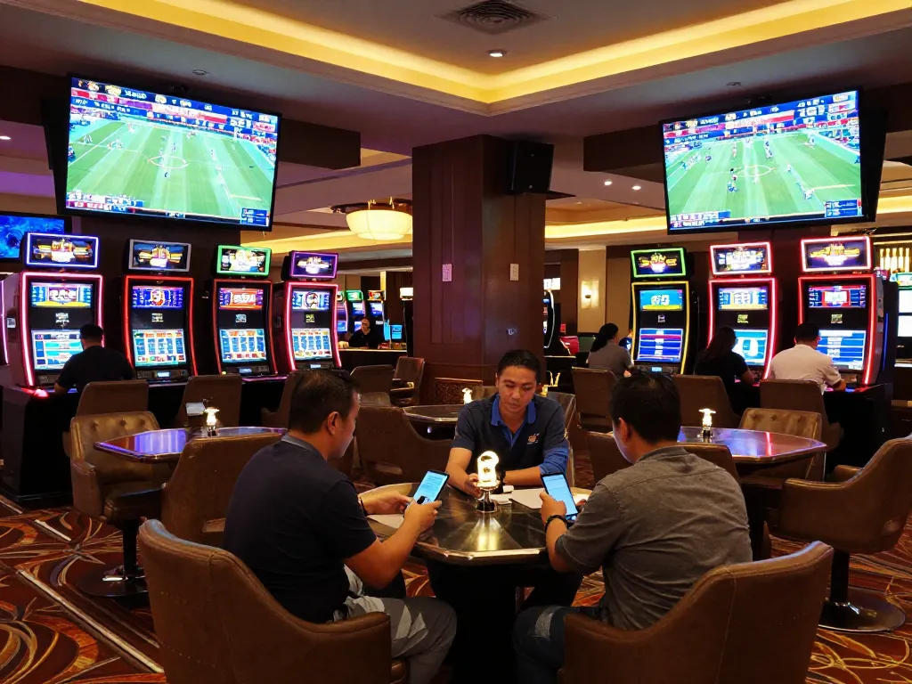Sports betting excitement at nhandinhkeonhacai casino lounge with patrons placing bets and watching live games.