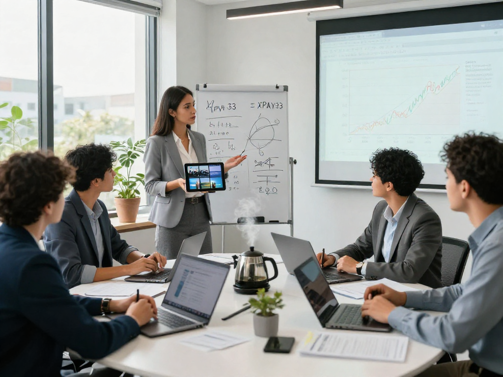 Dynamic corporate strategy meeting focused on XPAY33 in a modern office.