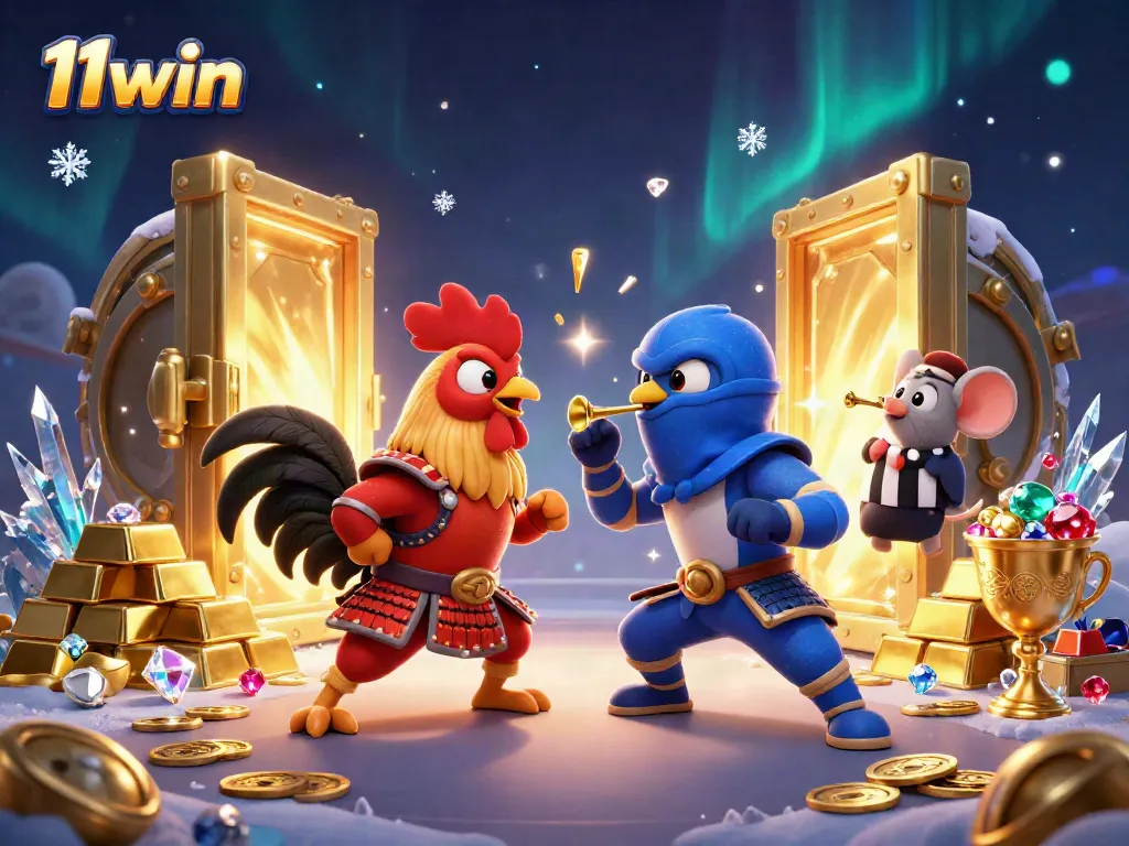 Bet on intense action at 11win with fighting roosters and treasure in a vibrant, colorful scene.