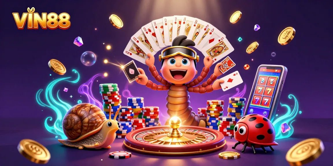 Engaging 3D illustration of VIN88 with a cartoon millipede dealer and vibrant casino elements.