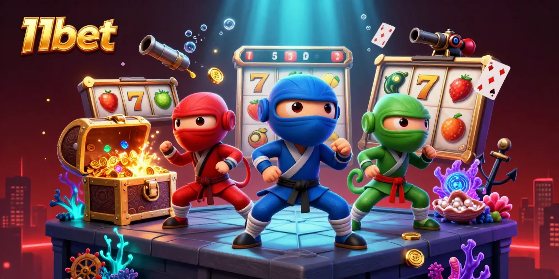 Experience 11bet with chameleon ninjas showcasing thrilling slot gaming in an energetic casino scene.