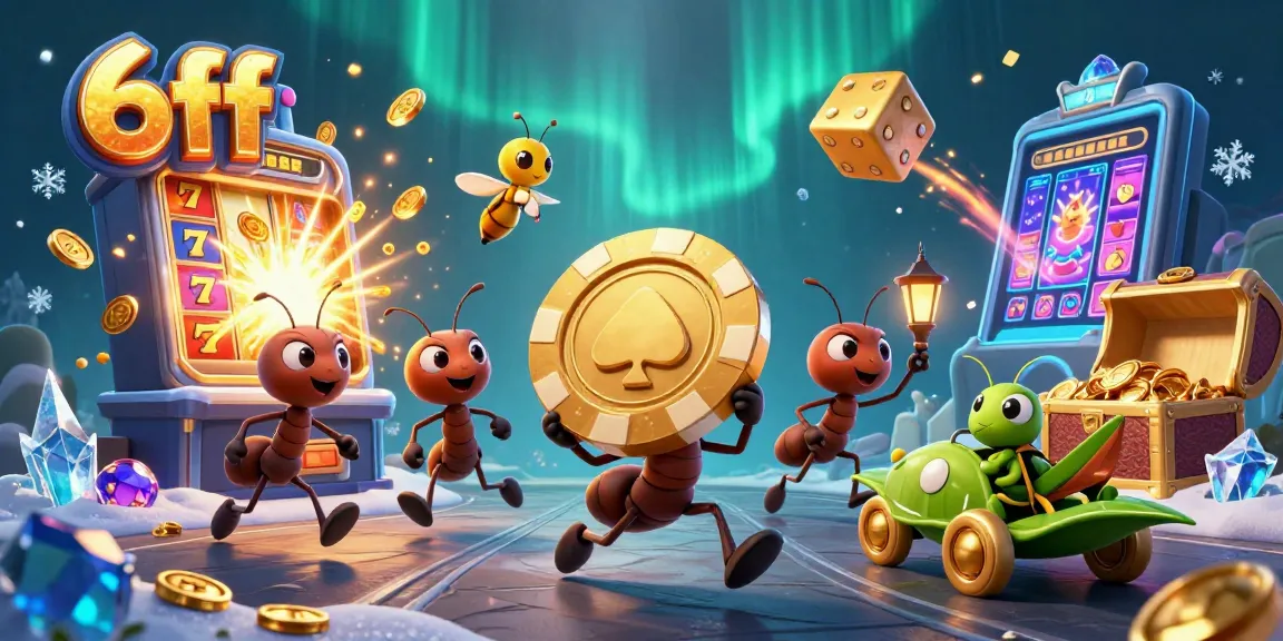 Join the thrilling heist in 6ff's casino world as animated ants navigate a vibrant jackpot scene.
