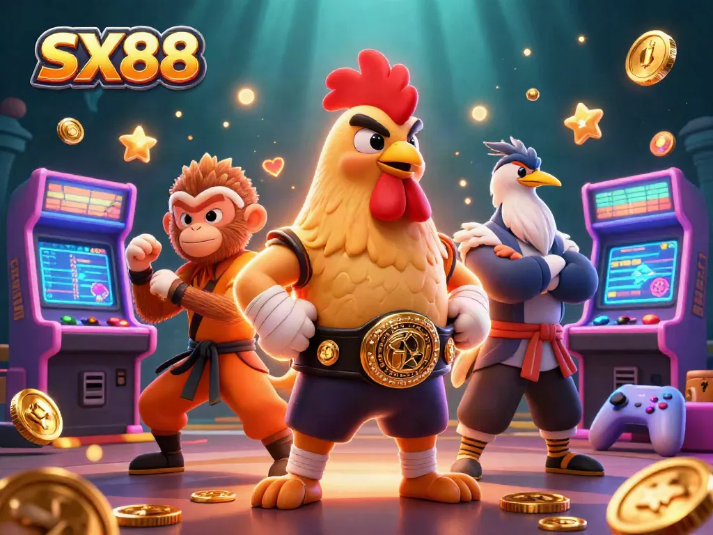 SX88 casino adventure featuring a dynamic rooster, monkey, and crane with vibrant gaming elements