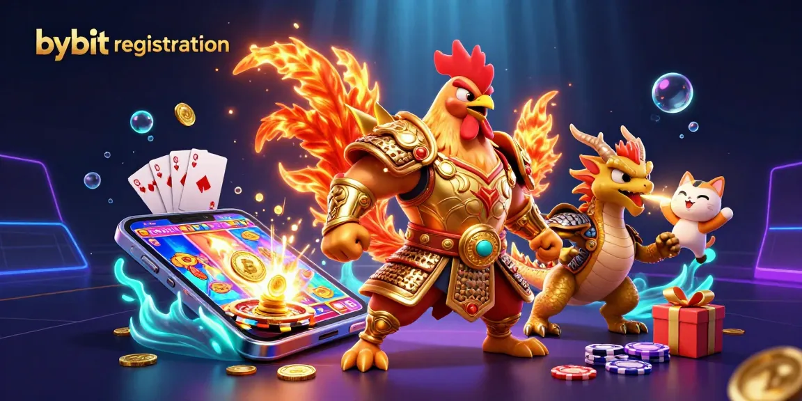 Experience bybit registration with a dynamic scene of gaming excitement featuring animated characters and casino elements.