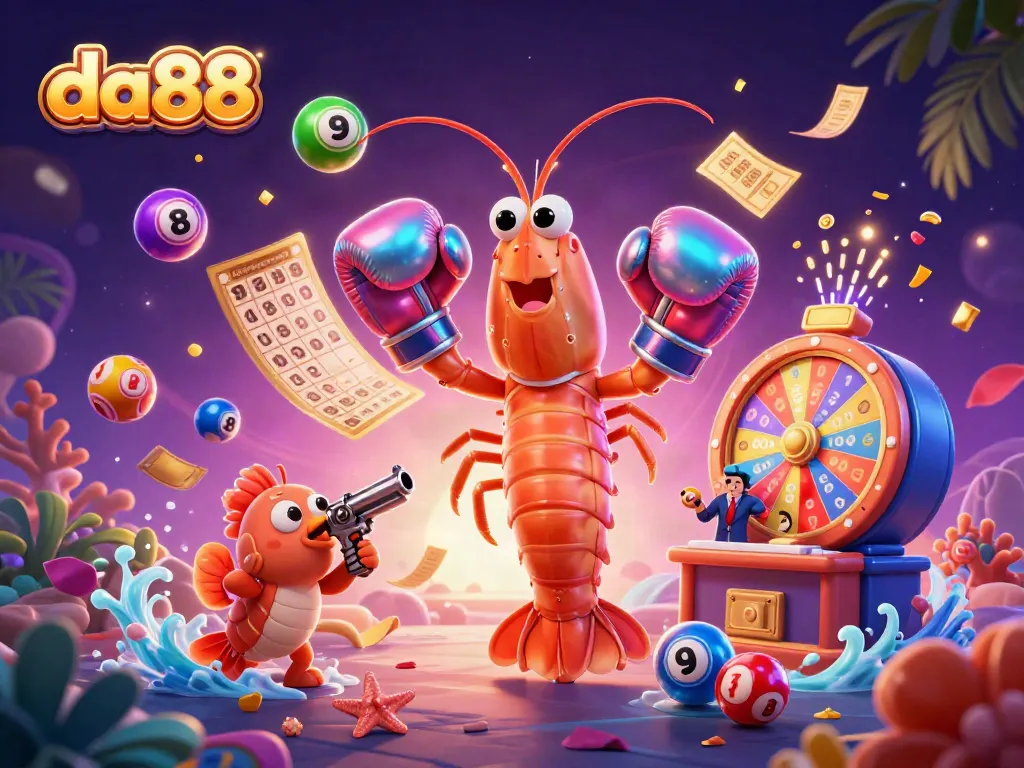 Experience thrilling gameplay at da88 with vibrant lottery balls flying and animated characters.
