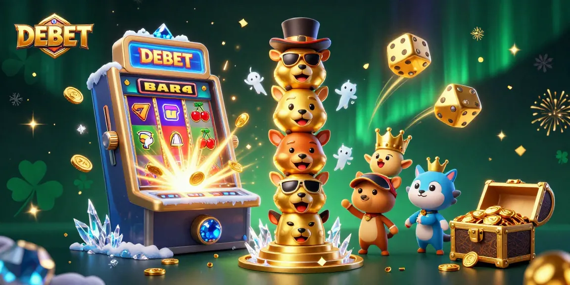 Experience the excitement with DEBET's vibrant casino scene featuring jackpots, dice, and playful totems.