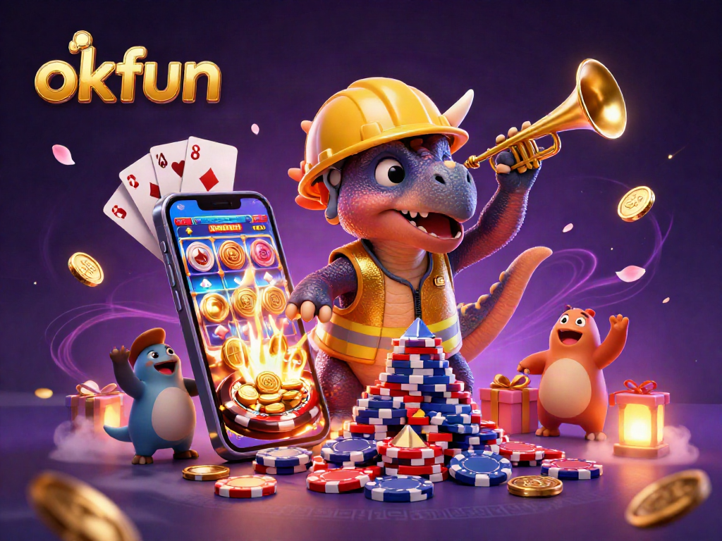Celebrate with okfun as cartoon dinosaurs build a poker chip pyramid in a vibrant casino scene.