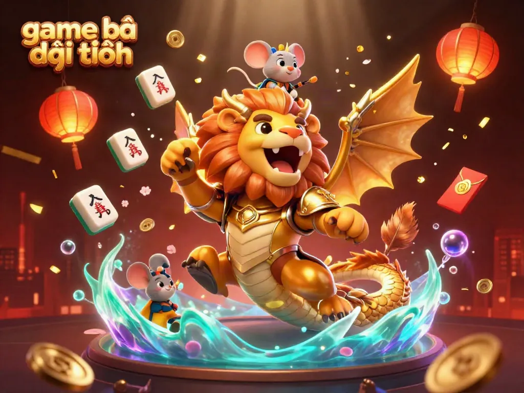 Experience thrilling game bài đổi thưởng with a triumphant chimera, golden details, and dynamic casino elements.