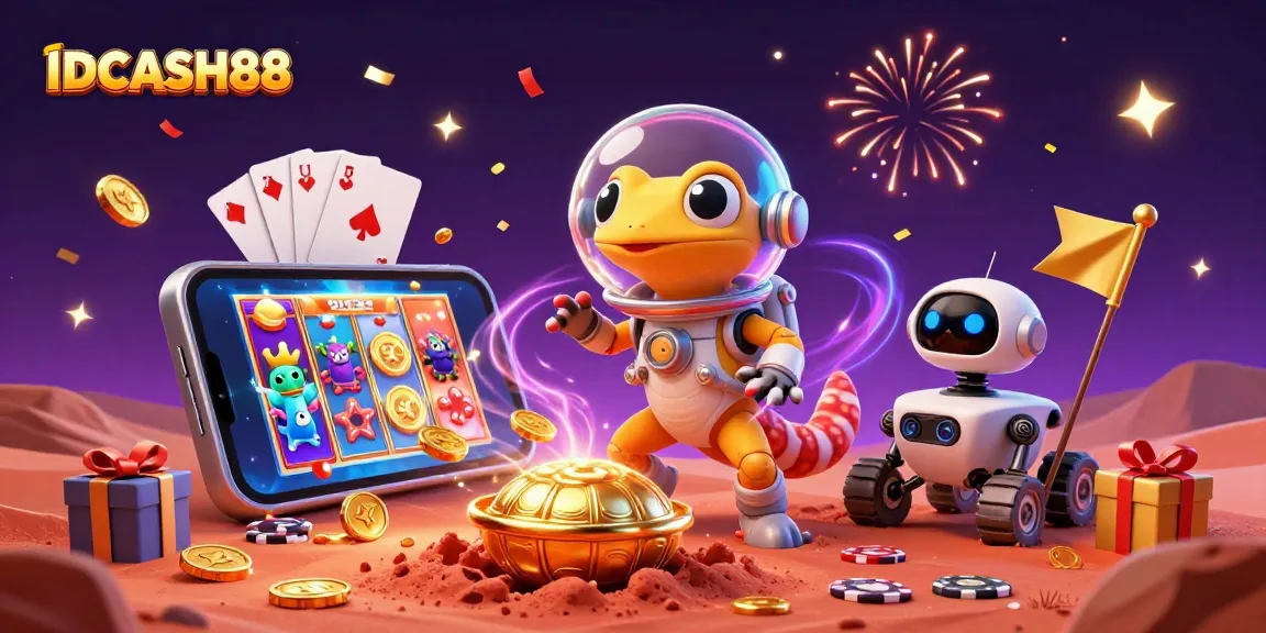 Engage with IDCASH88’s thrilling slot game adventures, illuminated by a colorful casino landscape.