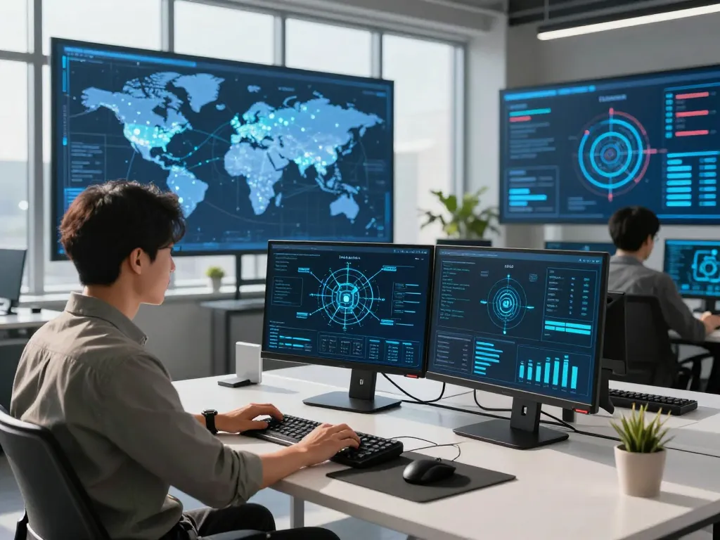 快连's cutting-edge technology workspace illustrating advanced AI routing and global networking solutions in a dynamic professional environment.
