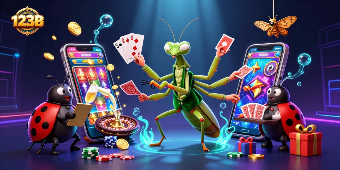 Engage in thrilling gaming at 123B with vibrant visuals showcasing slot games and a lively casino atmosphere.
