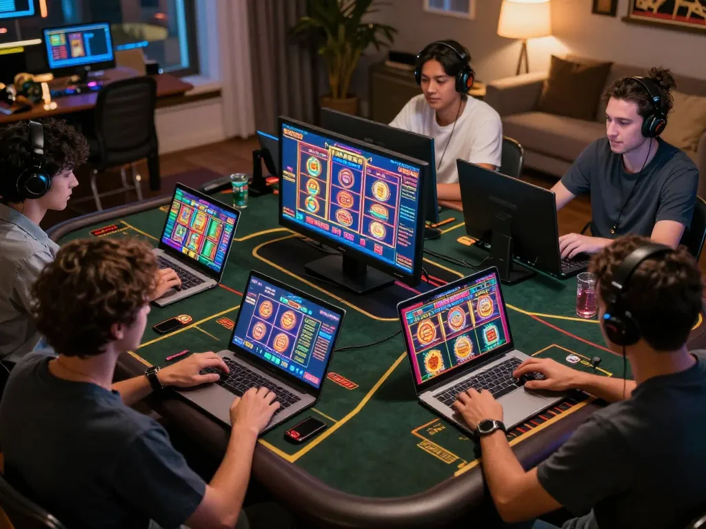 Players enjoying sun win games on tablets in a vibrant online casino setting.