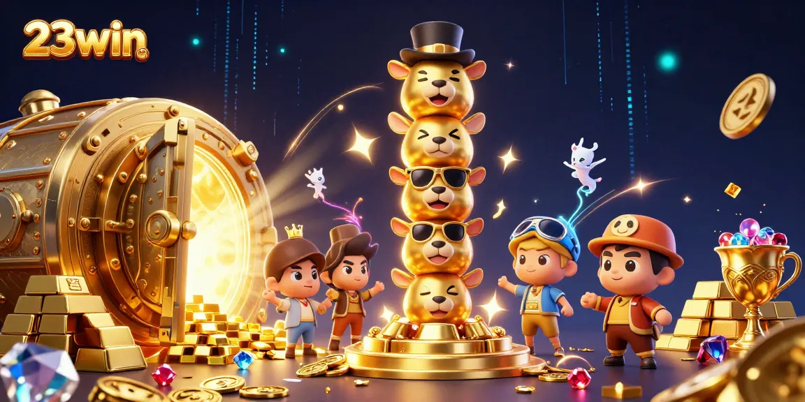 Engage with 23win's vibrant casino world featuring a dynamic totem pole amidst riches and excitement.