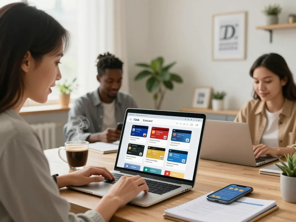 Woman purchasing Ezzocard virtual prepaid cards from a cozy home office.