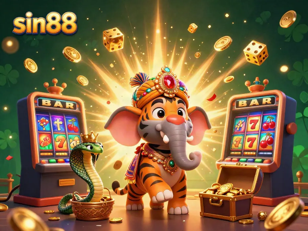 Experience sin88's thrilling casino adventure with a dynamic 3D scene featuring a ruby-draped maharaja tiger.