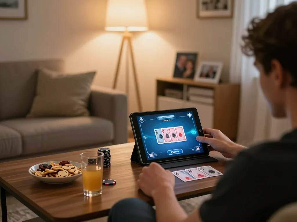 Engaging in an online poker game with LC88 on a cozy tablet setup