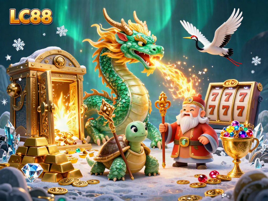 Play exciting games with LC88 featuring a jade dragon and treasures in a vibrant casino scene