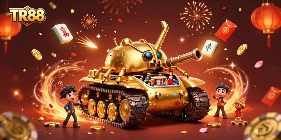 TR88 offers a vibrant casino scene with a golden beetle tank and festive game elements.
