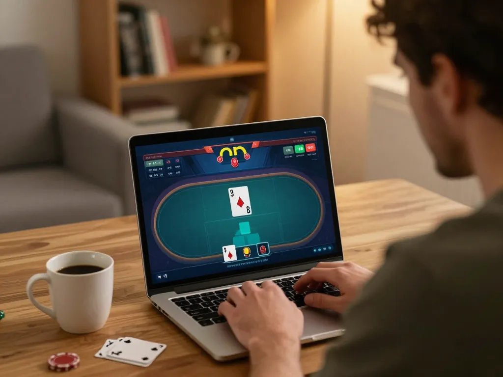 gamebaidoithuong8 player enjoying poker at home with strategic focus on laptop screen